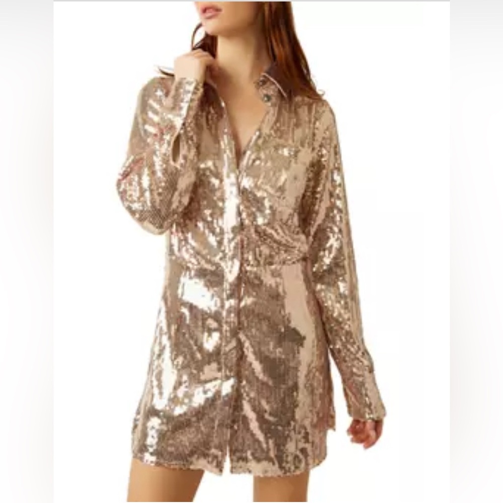 Free People Sophie Sequined Mini Shirtdress Women's M Champagne Snap Closure NEW